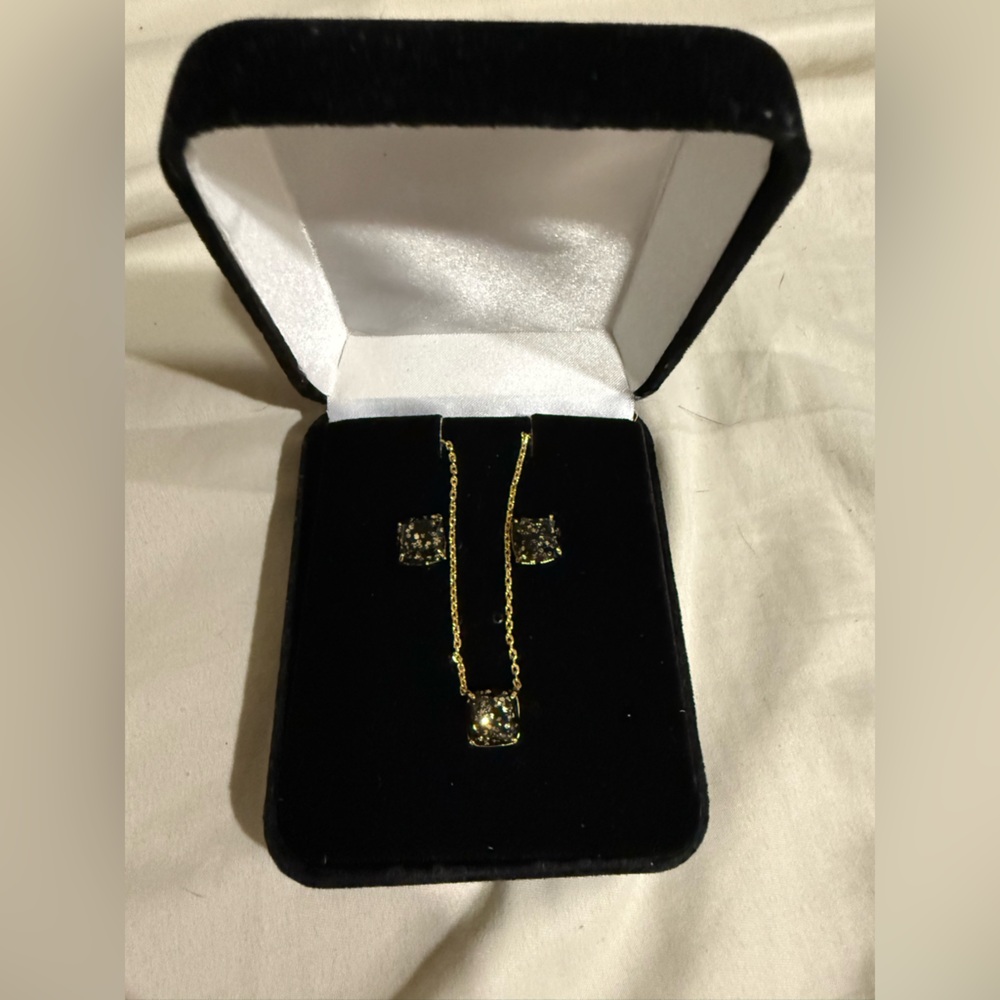 Kate Spade Gold Tone Black Glitter Stone Earrings + Necklace